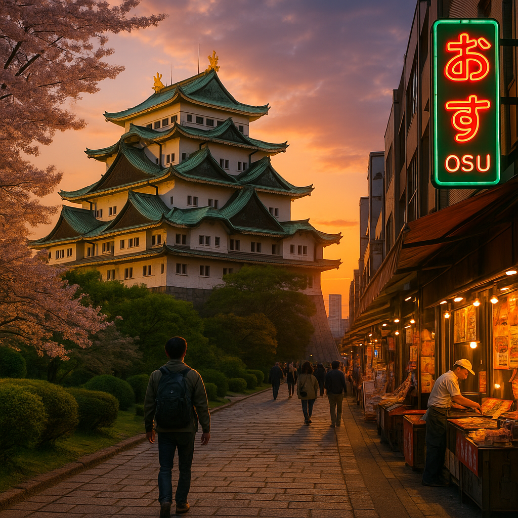 노을빛에 물든 나고야성 천수각 뒤로 흐드러진 벚꽃과 ‘오스’ 네온사인이 어우러진 골목길 풍경