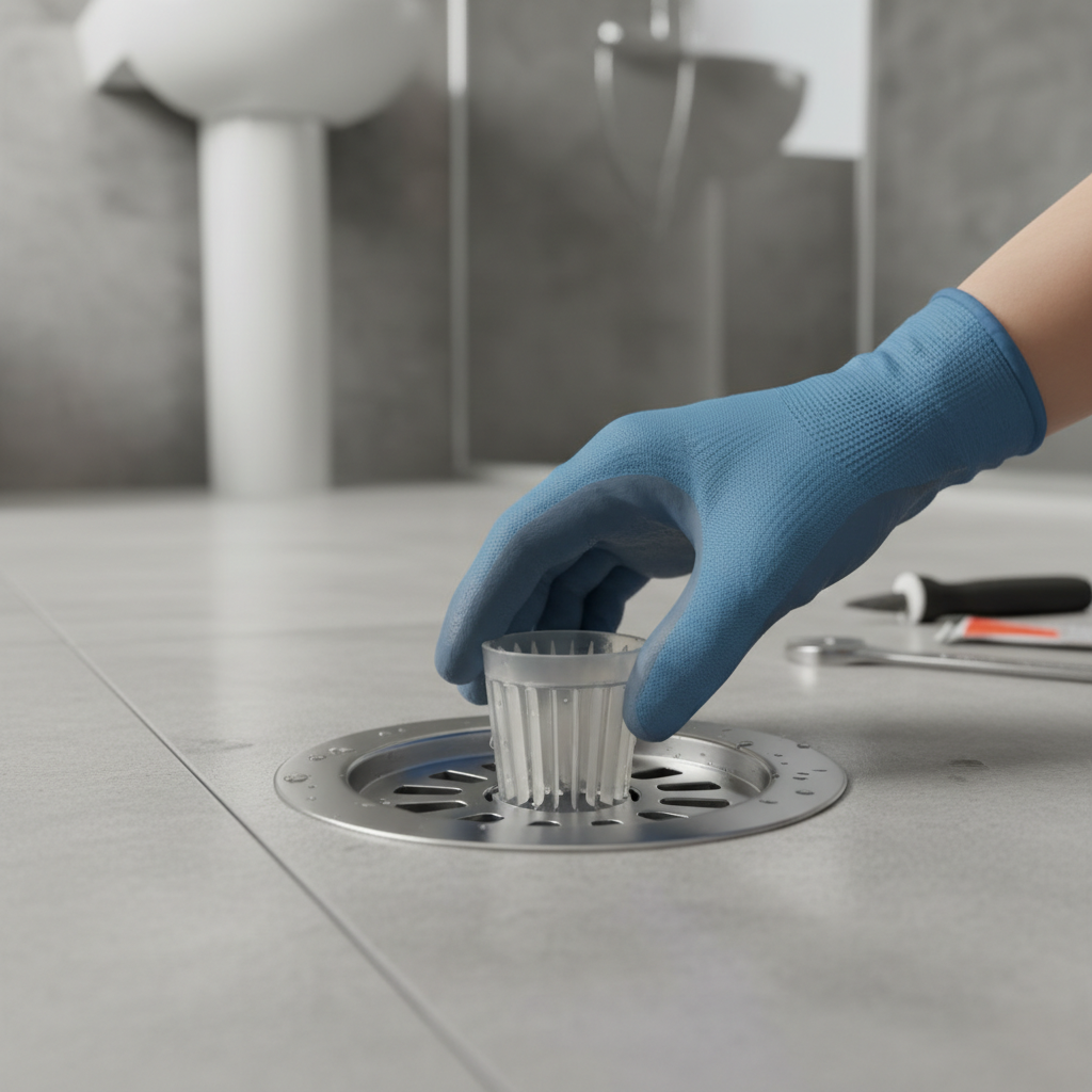 하수구 악취 차단을 위해 전용 트랩을 바닥 배수구에 설치하는 모습