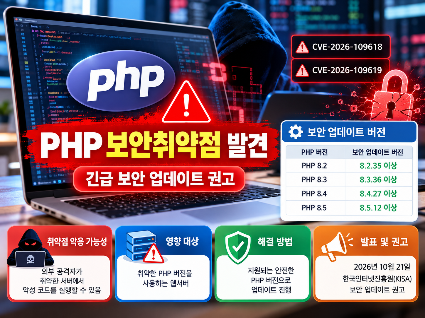 PHP 보안취약점 발견과 긴급 보안 업데이트를 알리는 인포그래픽