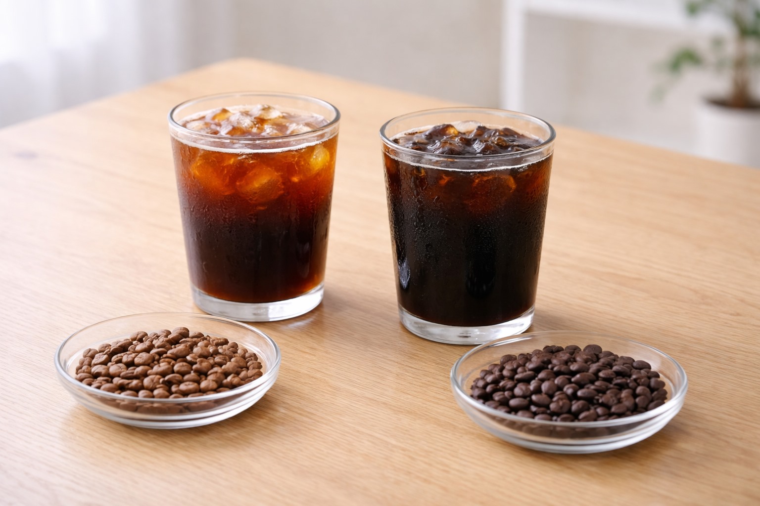 산미 있는 커피와 고소한 커피의 느낌을 비교해 보여주는 원두와 커피 이미지