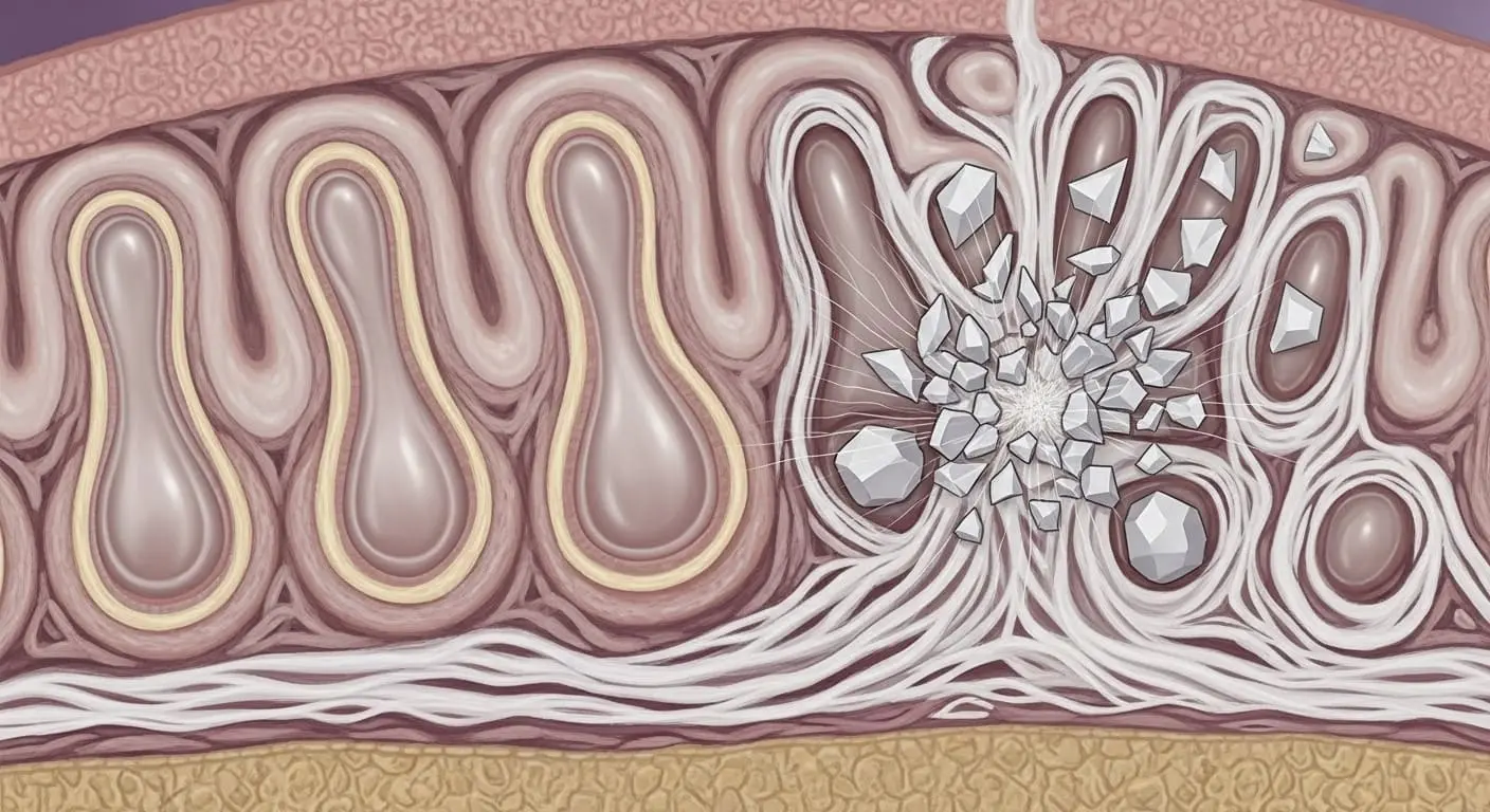 갑상선암의 특징인 '단단한 혹'의 병태생리학적 특징을 암시하는 세포 이미지