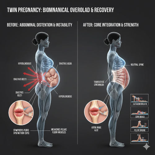 쌍둥이(다태아) 임신으로 인해 급격히 팽창한 임산부의 복부와 척추 하중 변화