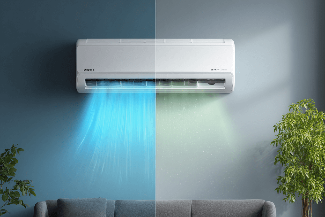거실에-설치된-벽걸이-에어컨-사진을-반으로-나누어-상반되게-표현한-이미지