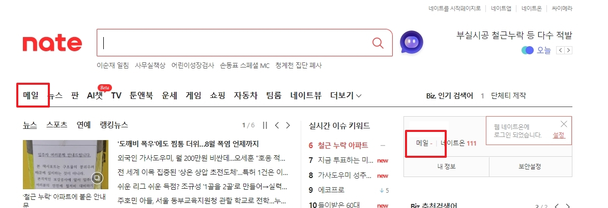로그인 완료 후 메일 서비스 버튼을 클릭하는 화면