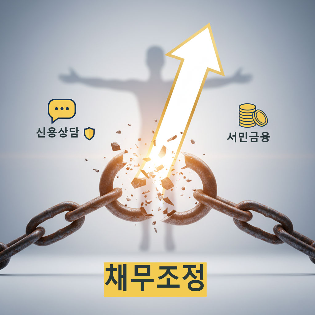 채무조정, 신용회복, 신용상담, 서민금융, 부채 탕감, 금융 지원, 경제 회복, 재기 지원, 희망, 금융 안정, 사회 안전망, 정부 정책, 공공 서비스, 금융복지, 자유, 성장, 새출발, 신뢰감, 플랫 벡터, 상징적 일러스트, 경제적 자립, 파란색 배경, 밝은 노란색