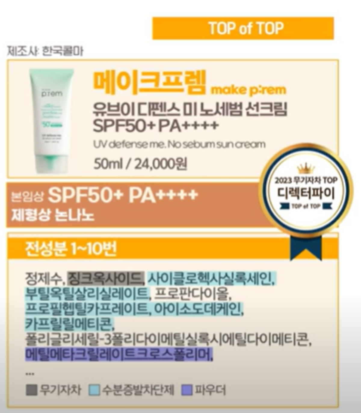 메이크프렘 유브이 디펜스 미 노세범 선크림 제품 모습과 대표적인 성분 내용