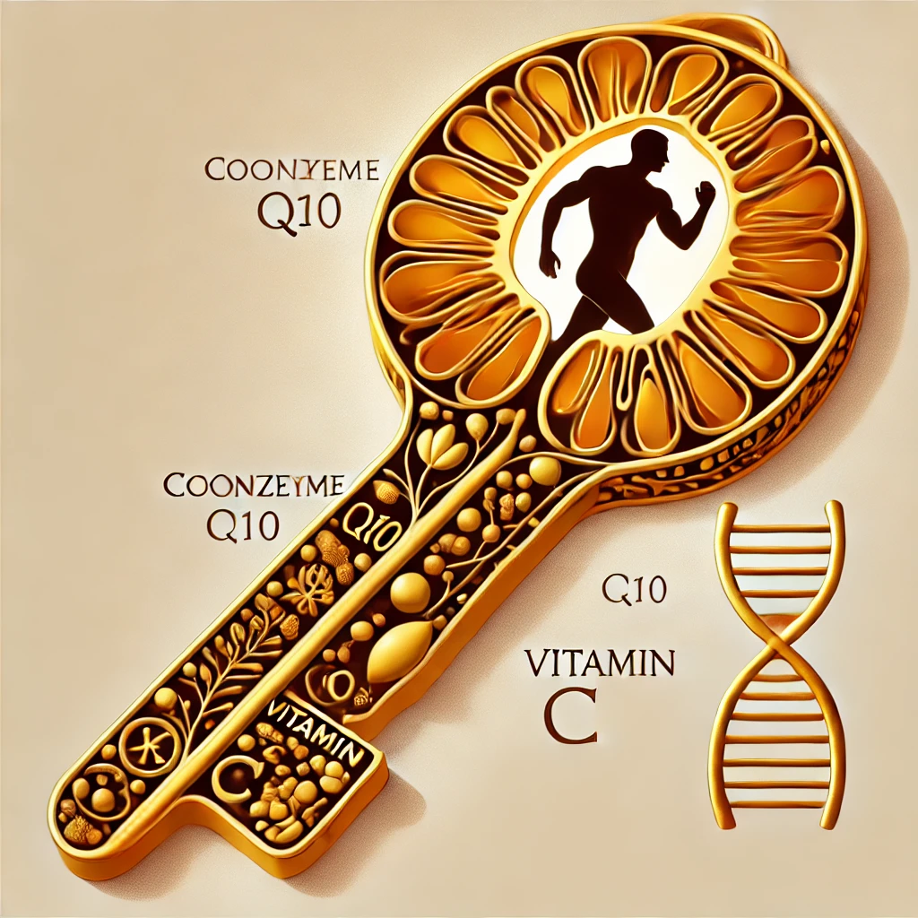 고급스러운 금속 열쇠가 미토콘드리아 모양의 열쇠구멍에 꼭 맞춰 들어가는 장면. 열쇠 위에는 코엔자임 Q10, 비타민 C, E 등의 상징적인 아이콘들이 새겨져 있고, 뒤편에는 운동하는 사람 실루엣이 희미하게 나타나는 상징적 일러스트