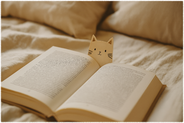 A cute cat bookmark beside a book