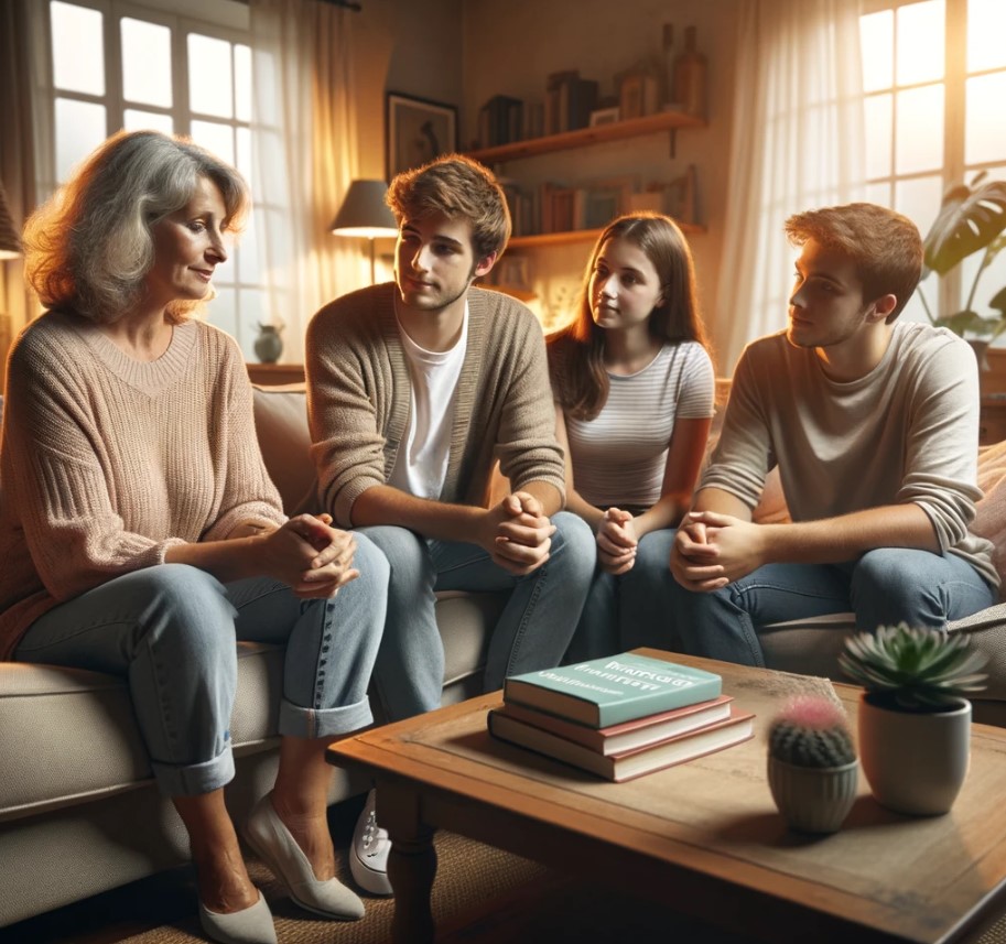 가족들과 대화중인 중년여성