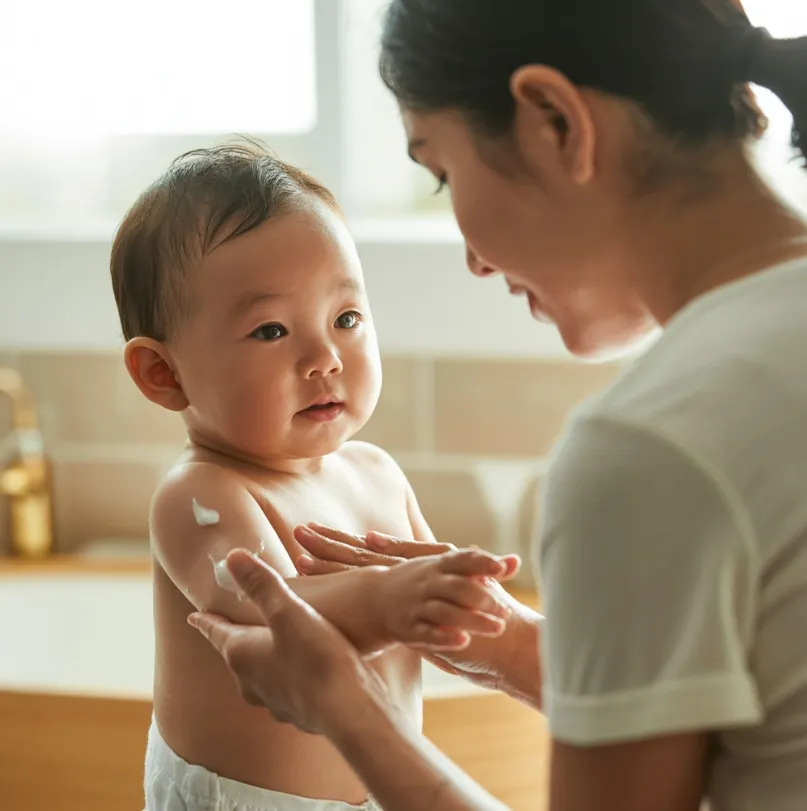 아토피 증상이 있는 아기에게 로션을 바르고 있는 이미지