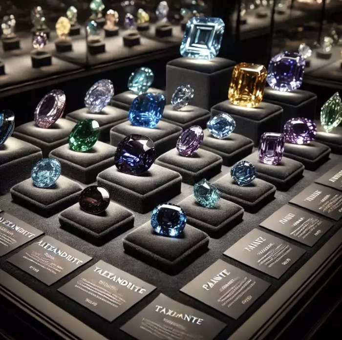 검은 벨벳 표면 위에 우아하게 전시된 희귀 보석들, 예를 들어 알렉산드라이트, 탄자나이트, 페이나이트 등이 포함되어 있다. 각 보석 옆에는 이름과 출처가 적힌 작은 명판이 놓여 있으며, 부드러운 조명이 비춰져 보석의 독특한 색상과 광채, 희귀함과 고귀함이 강조되고 있다.