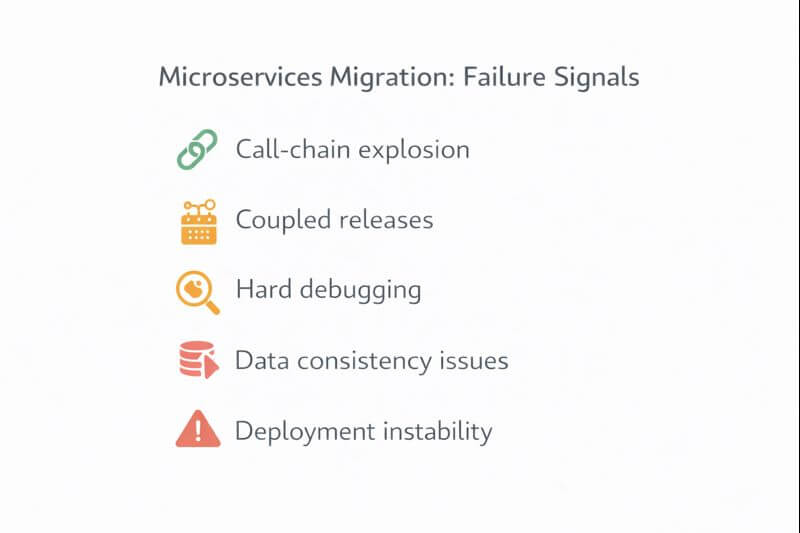 마이크로서비스 전환이 실패하는 5가지 신호: 분리 기준&middot;공유 DB&middot;배포 복잡도 체크리스트