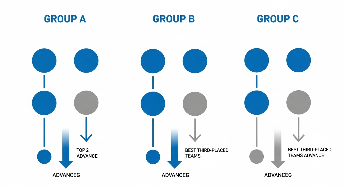 2026 월드컵 3개국 12개 조 조별리그 방식을 시각적으로 설명하는 인포그래픽. 각 조에서 상위 팀들이 토너먼트로 진출하는 과정을 보여줍니다.