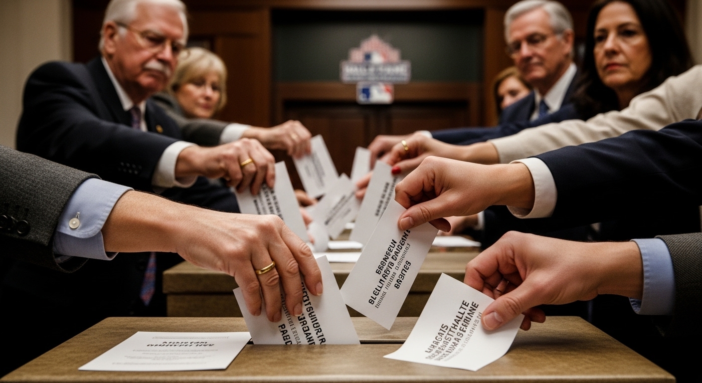 다양한 연령대의 손들이 야구 명예의 전당 투표함에 투표 용지를 넣는 모습. 엄숙하고 진지한 분위기 속에서 헌액자 선정 과정의 중요성을 보여줍니다.