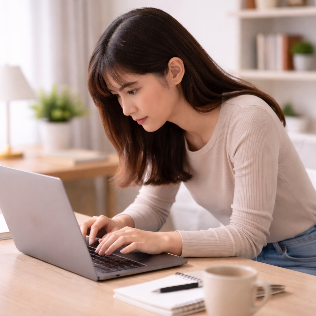노트북 작업 중 어깨가 말리고 목이 앞으로 나가 목 통증이 생기기 쉬운 자세를 표현한 이미지