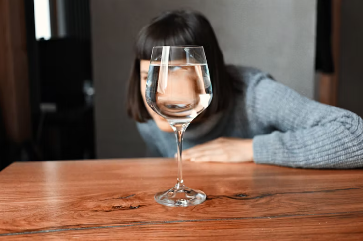 물잔 너머로 사람의 얼굴이 왜곡되어 보이는 장면. 투명한 물이 담긴 와인잔이 나무 테이블 위에 놓여 있고, 사람이 호기심 있게 바라보고 있는 모습.