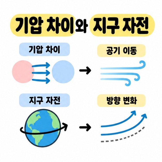 기압 차이에서 공기 이동으로 지구 자전에서 방향 변화로 이어지는 두 줄의 원인과 결과 도식