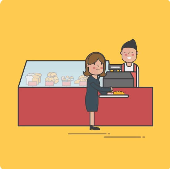 빵가게에서 빵을 사는 손님과 사장님