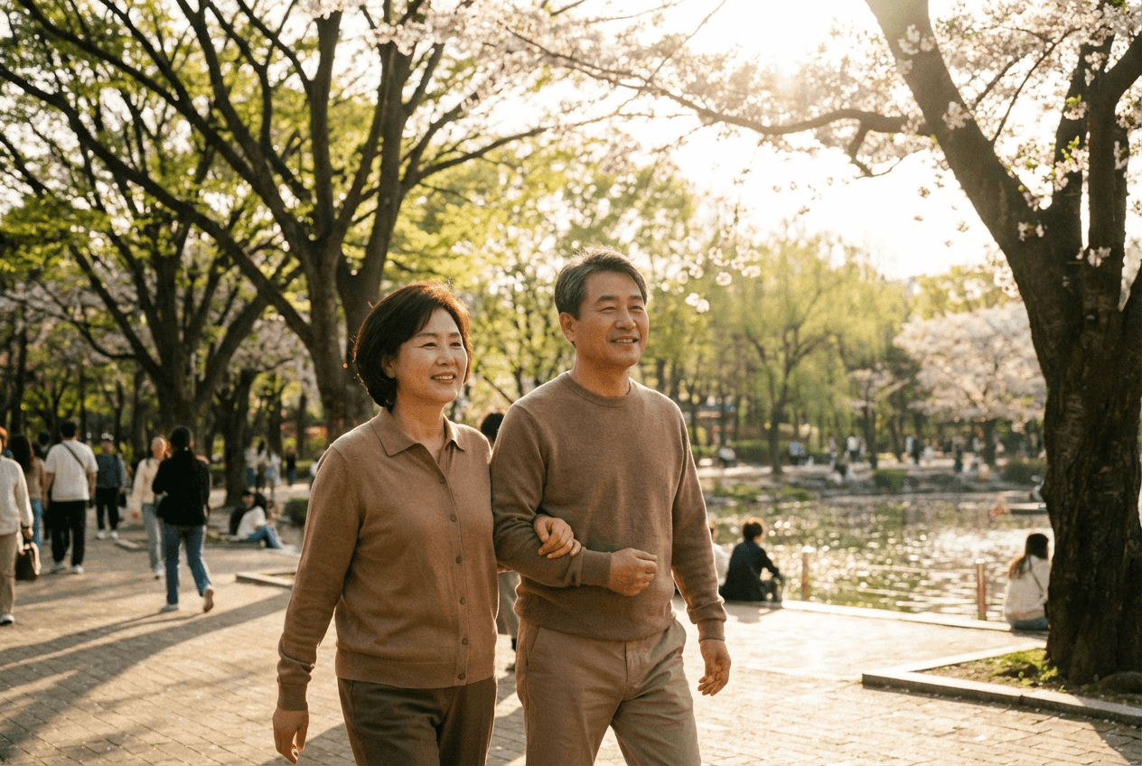 봄 햇살이 비치는 공원길을 손을 잡고 여유롭게 산책하는 중장년 부부의 모습으로, 관절&middot;연골 건강을 관리해 활동적인 일상을 즐기는 이미지를 표현한 사진