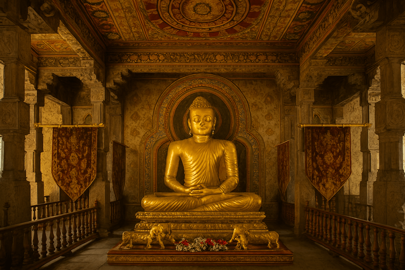 스리랑카 불교의 성지인 캔디 불치사의 화려하고 웅장한 내부 모습. 황금색 불상이 안치되어 있고, 불심 깊은 신자들이 경건하게 기도하는 장면.