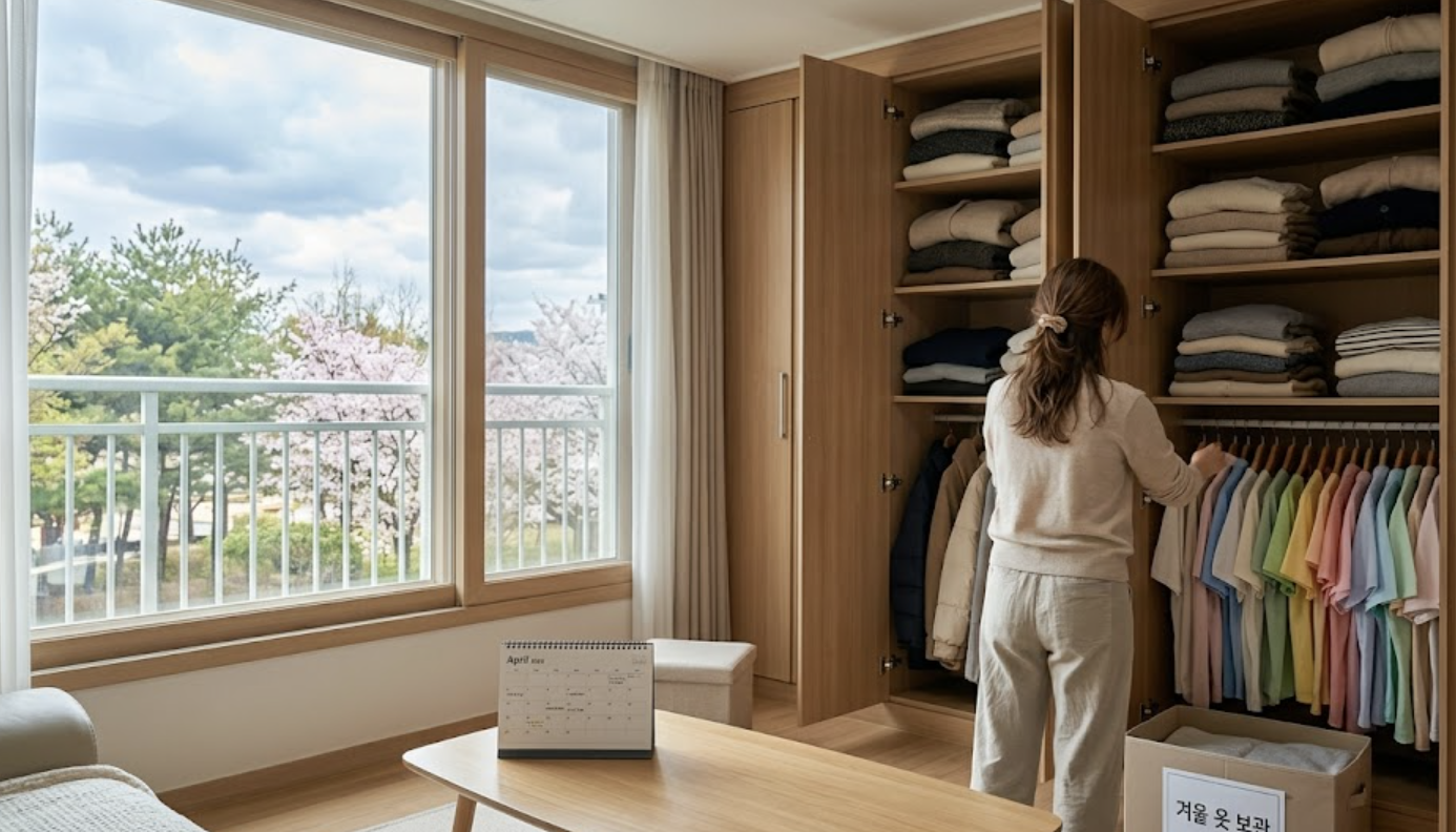 4월 봄 변덕스러운 날씨로 인해 반팔 옷을 꺼내고 겨울 옷을 정리하는 한국 가정의 옷장 풍경과 기후 변화에 대한 고찰
