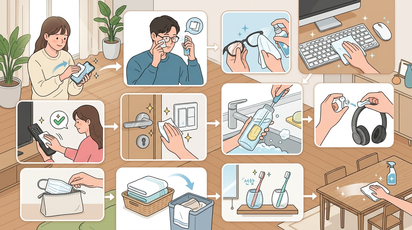 감기 시즌에 자주 쓰는 물건들의 위생 관리법을 깨끗하고 교육적으로 표현한 이미지