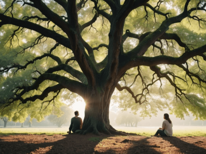 커다란 나무 아래에 앉아 있는 두 사람 그림
