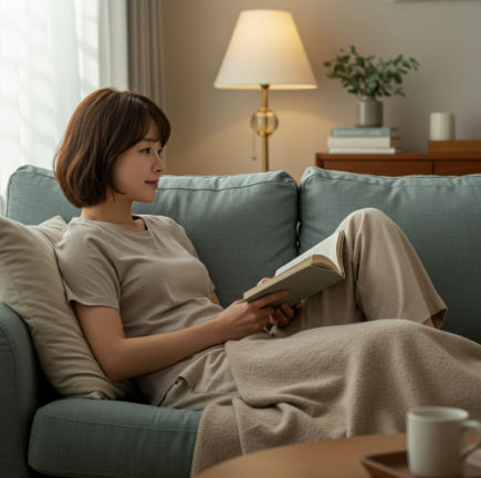 여성이 쇼파에 누워서 맹장염에 대한 책을 읽는 모습