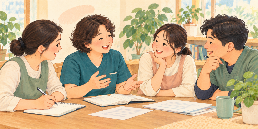 노트와 자료를 보며 이야기를 나누는 돌봄 종사자 네 명의 일러스트