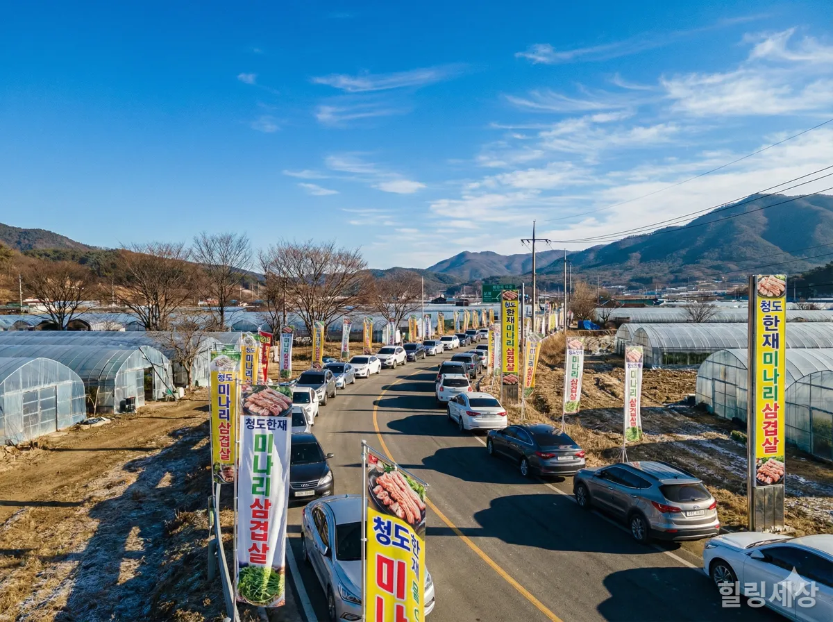 청도 한재미나리단지로 들어가는 길, 늘어선 차량과 식당 홍보 현수막들