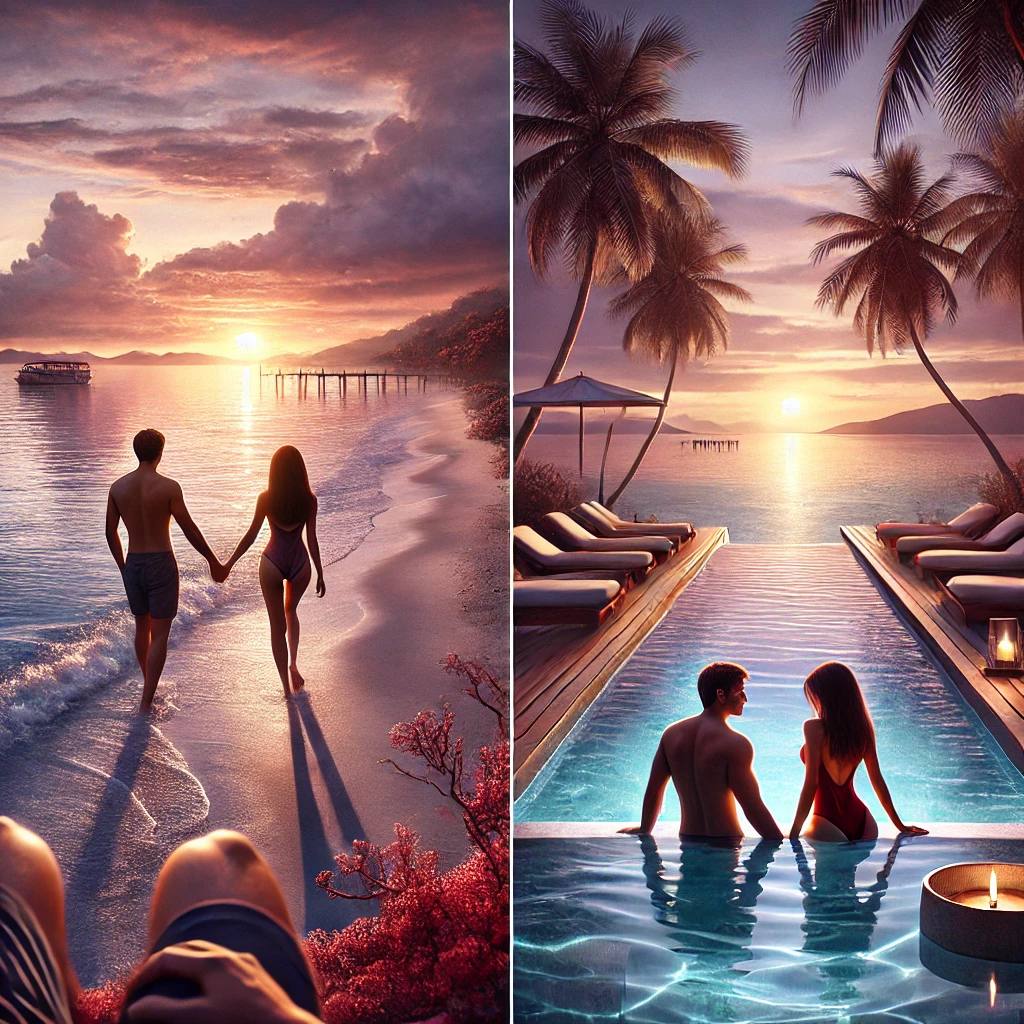 세부 해변에서 커플이 선셋을 바라보며 손을 잡고 걷는 모습, 인피니티 풀에서 여유롭게 시간을 보내는 장면
