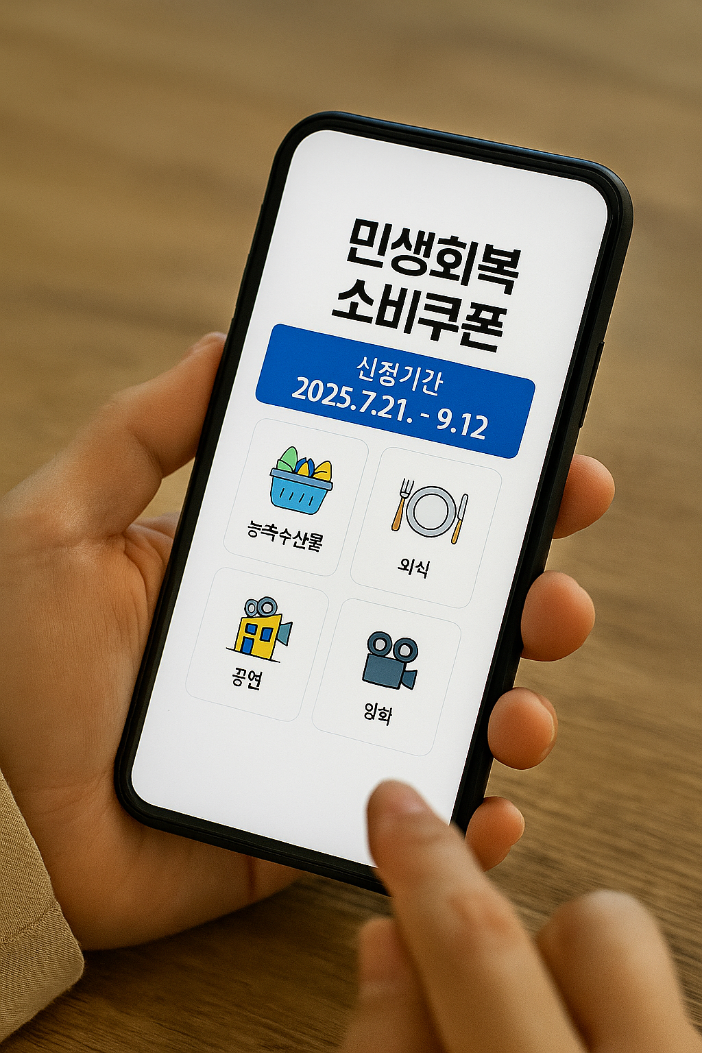 Close-up of a smartphone displaying the Livelihood Recovery Consumption Coupon app with the application period &lsquo;2025-07-21 &ndash; 09-12&rsquo; in blue.