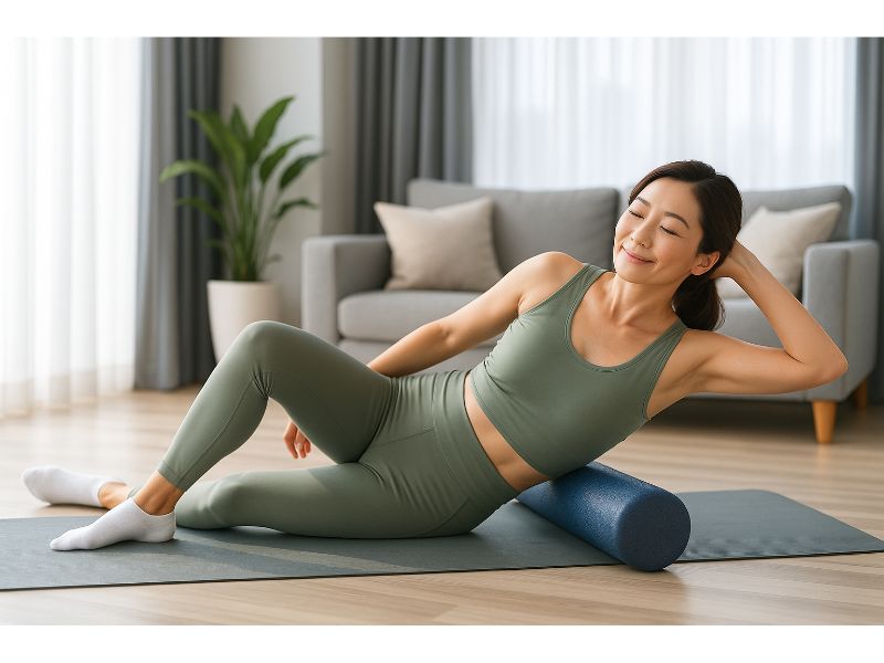 폼롤러와 마사지볼로 림프 순환 스트레칭 중인 중년 여성