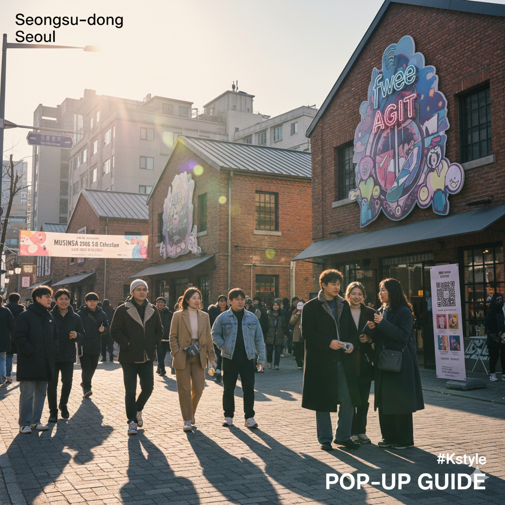 Tourists and locals enjoying the trendy streets of Seongsu-dong, with stylish pop-up stores like fwee AGIT and MUSINSA in the background.