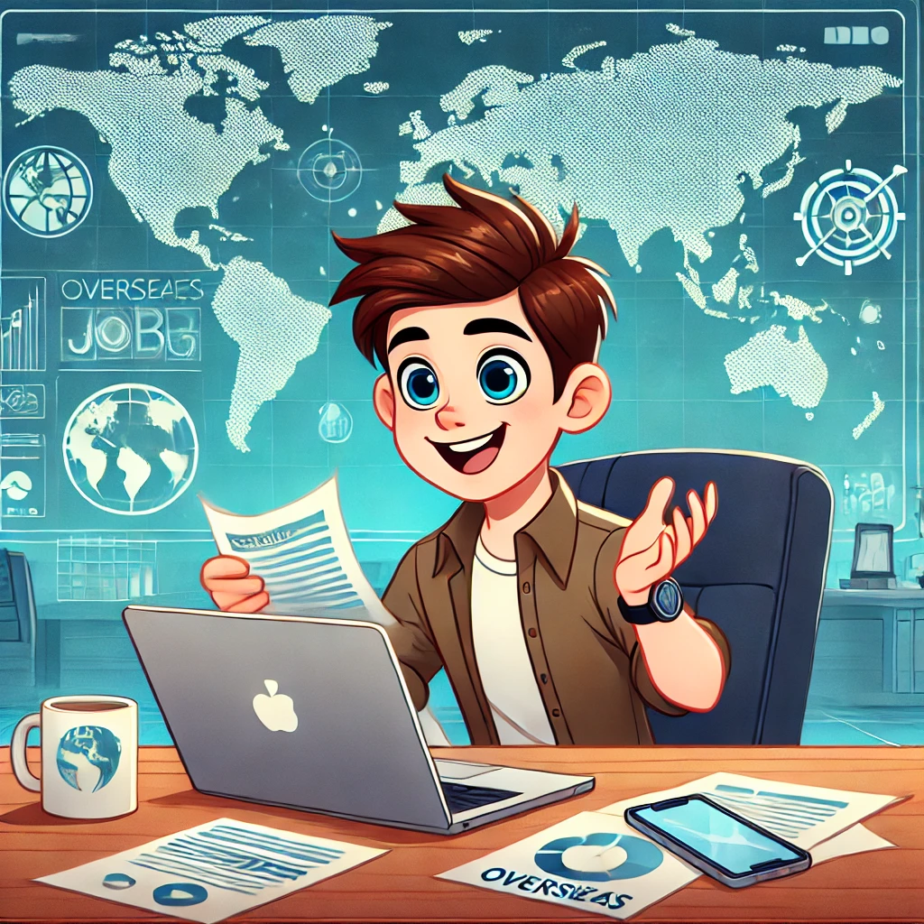 디즈니 스타일의 애니메이션 캐릭터가 현대적인 사무실에서 해외 기술 취업 오퍼를 검토하는 모습. 책상 위에는 커피 머그잔, 스마트폰, 취업 관련 서류가 놓여 있으며, 배경에는 세계지도와 미래 기술 요소가 있어 글로벌 취업 기회를 상징한다.