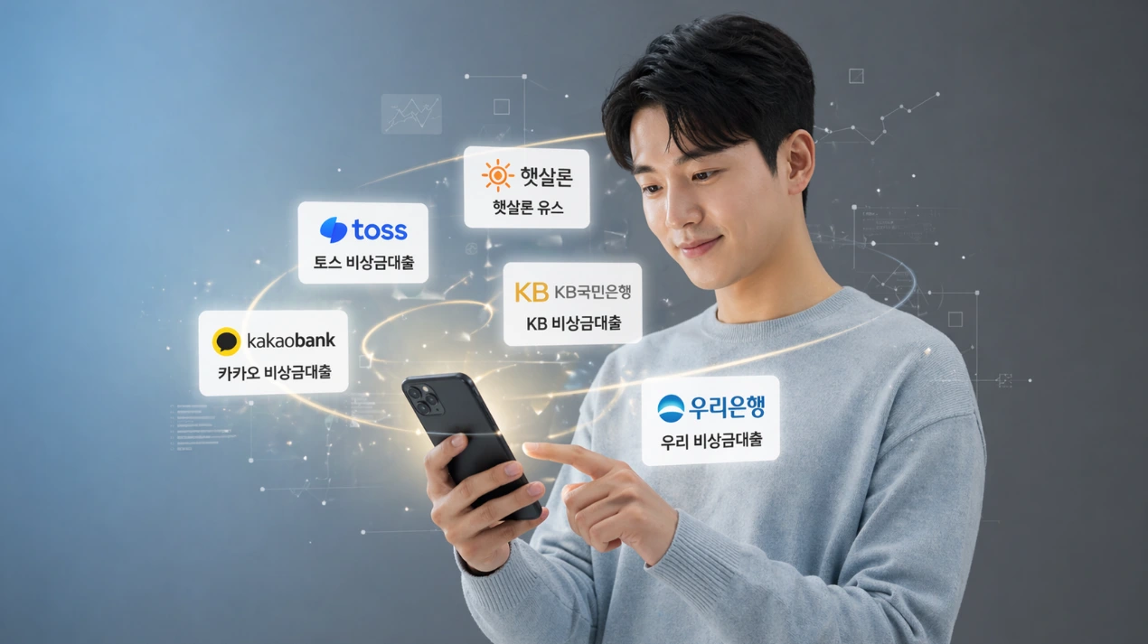 2026년 무직자를 위한 토스, 카카오, 햇살론, KB, 우리은행 대출 상품들을 한눈에 비교하는 안내 이미지