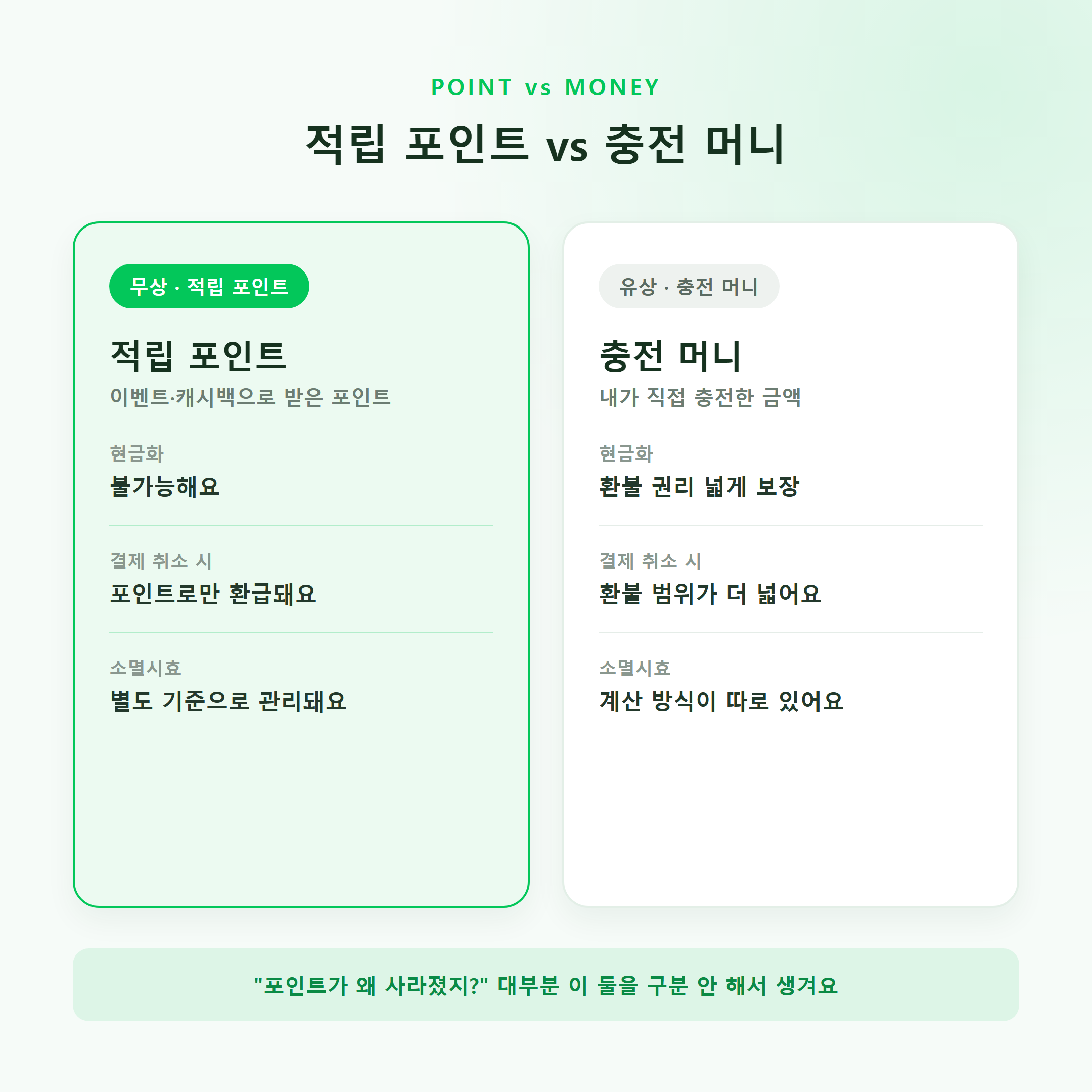 적립 포인트와 충전 머니 비교 인포그래픽