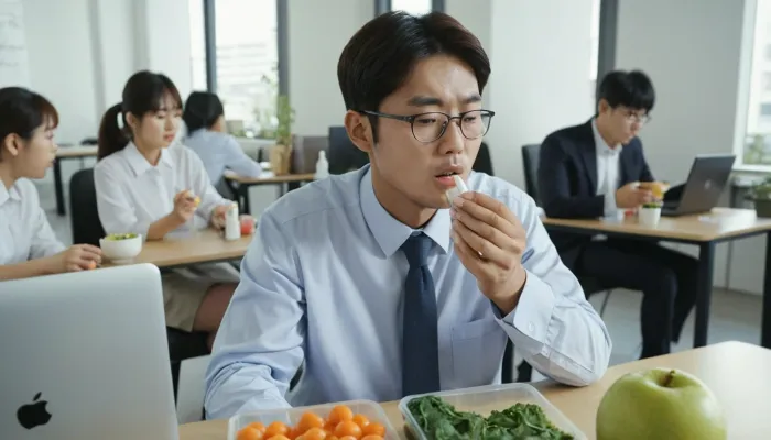 점심시간에 면역력 영양제를 복용하는 직장인의 모습