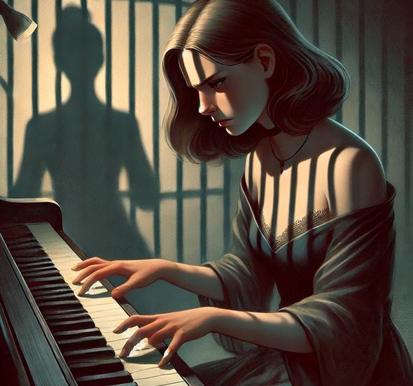 화난 듯 피아노를 치고 있는 여자의 모습.