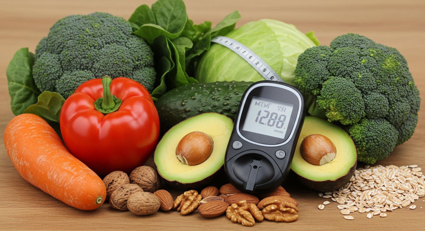 혈당 측정기와 건강한 음식이 놓인 테이블