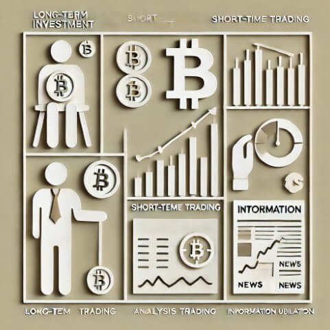 전업 투자자들의 비트코인 수익 전략인 장기투자, 단기매매기술, 정보활용 사례의 세가지 영역으로 나누어서 표현한 그림