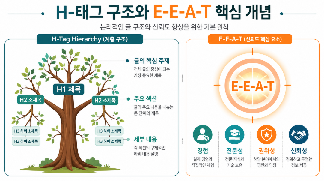 검색 엔진 최적화를 위한 H태그 계층 구조와 EEAT 요소를 시각적으로 정리한 인포그래픽
