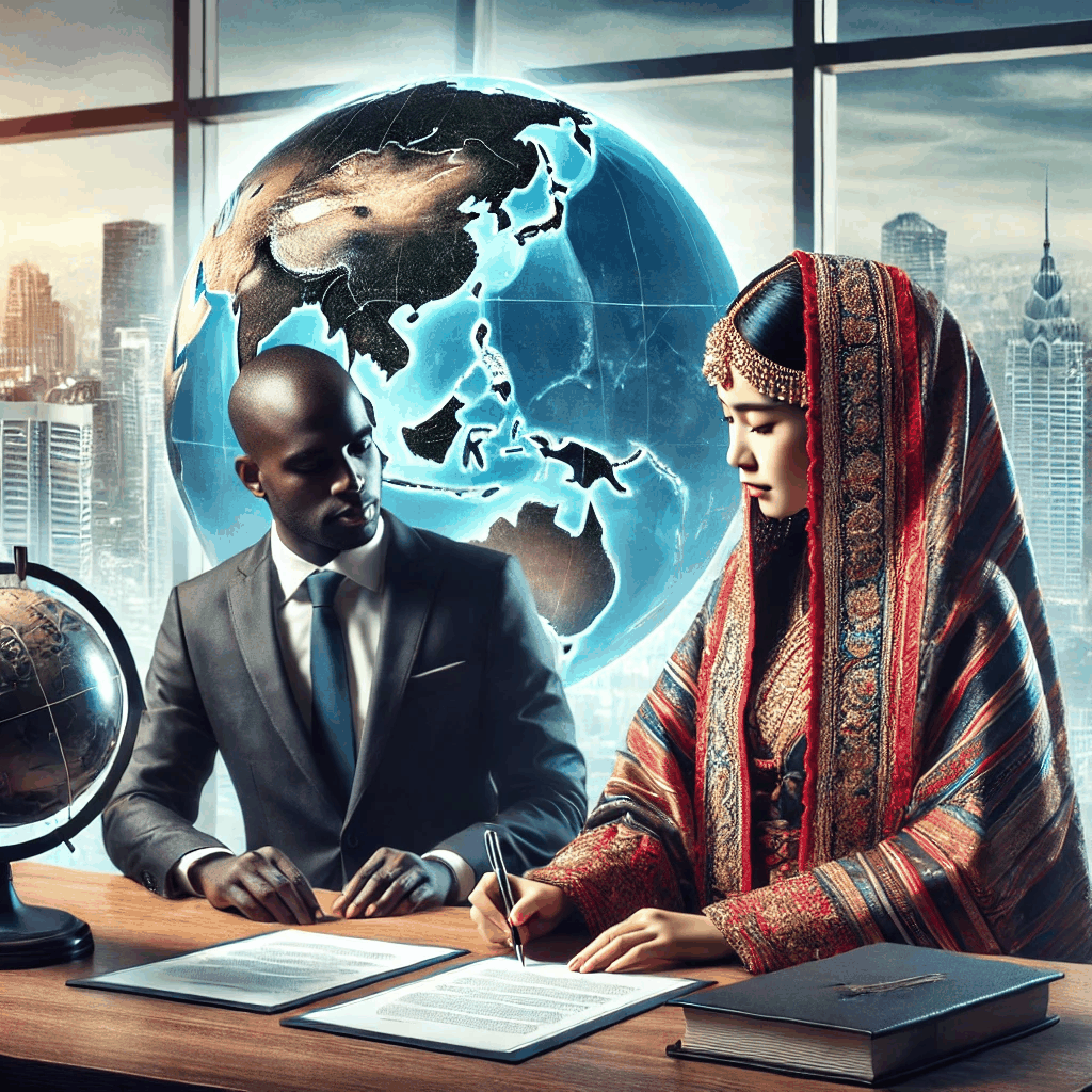 국제 비즈니스 계약을 체결하는 두 사람이 서로 다른 문화적 배경을 반영하는 옷을 입고 법률 문서를 논의하는 모습