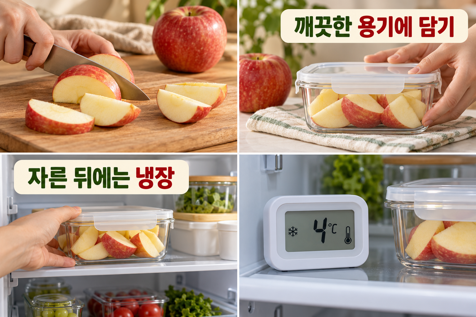 자른 사과를 깨끗한 뚜껑 용기에 담아 냉장하는 장면.