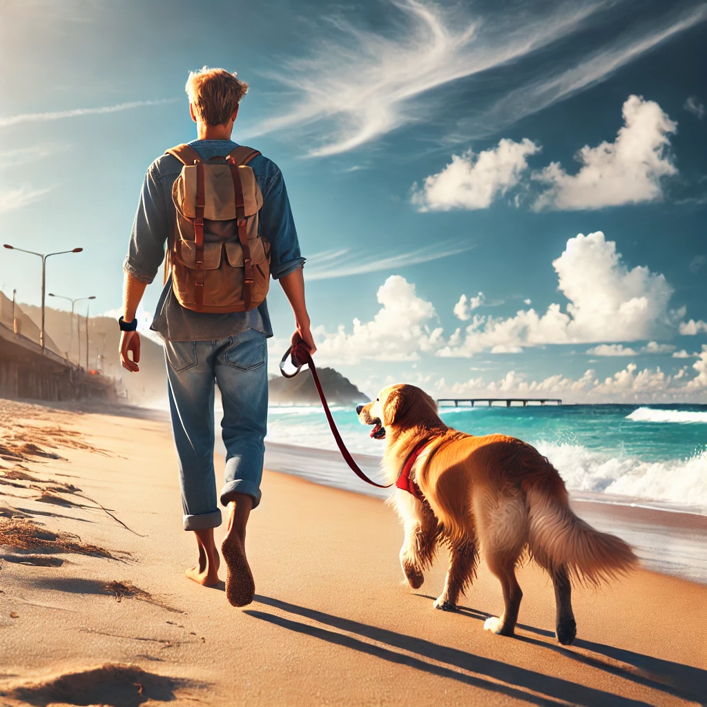 반려견과 바다 산책하는 사진