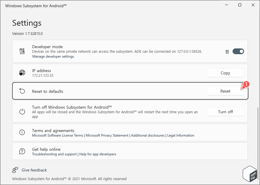 WSA Settings > Reset to defaults > Reset