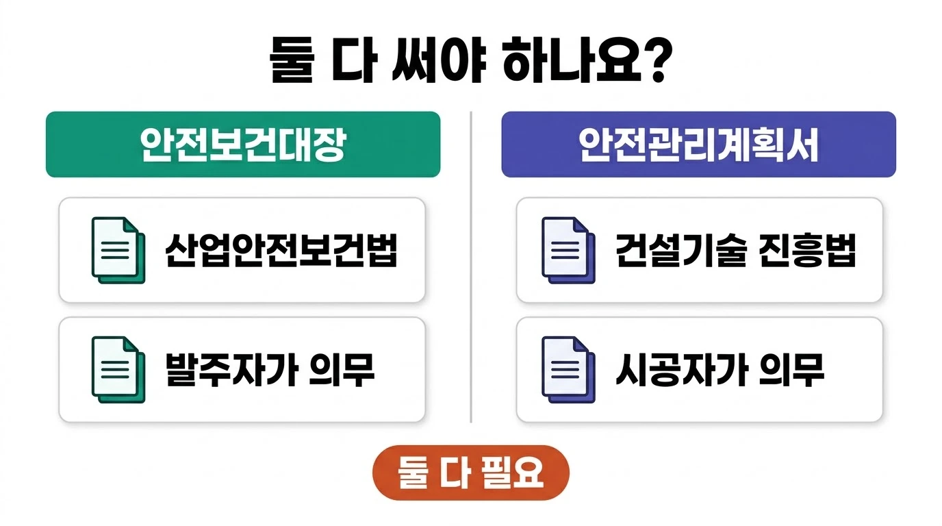 안전보건대장과 안전관리계획서의 근거법과 의무 주체를 대조한 비교 이미지