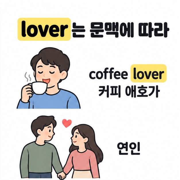 커피를 마시는 사람의 coffee lover 예시와 손을 잡은 연인 그림으로 lover의 두 가지 쓰임을 보여주는 구성