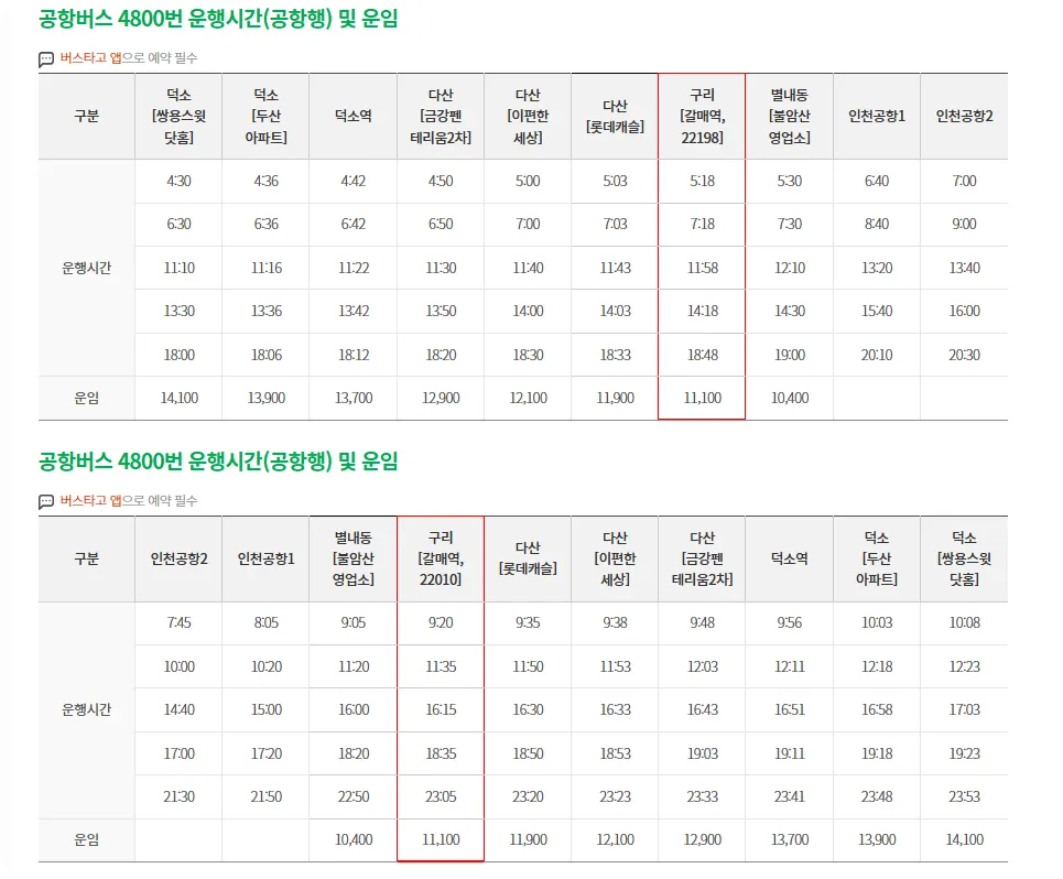 공항버스-4800번-시간표-가격-시행일자-남양주-덕소출발-구리-인천공항도착