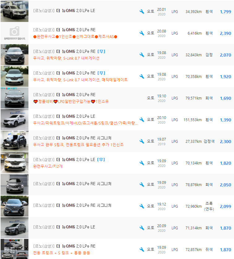 더 뉴 QM6 LPe 등급 중고차 가격 : 899만원 ~ 2,450만원